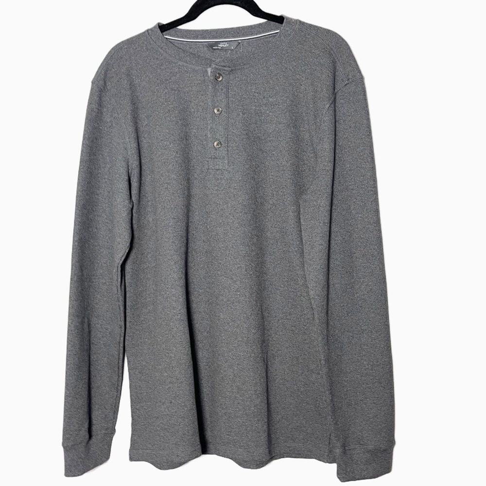 Members Mark Waffle Knit Henley Shirt Men's Size Large Gray Long Sleeve Thermal